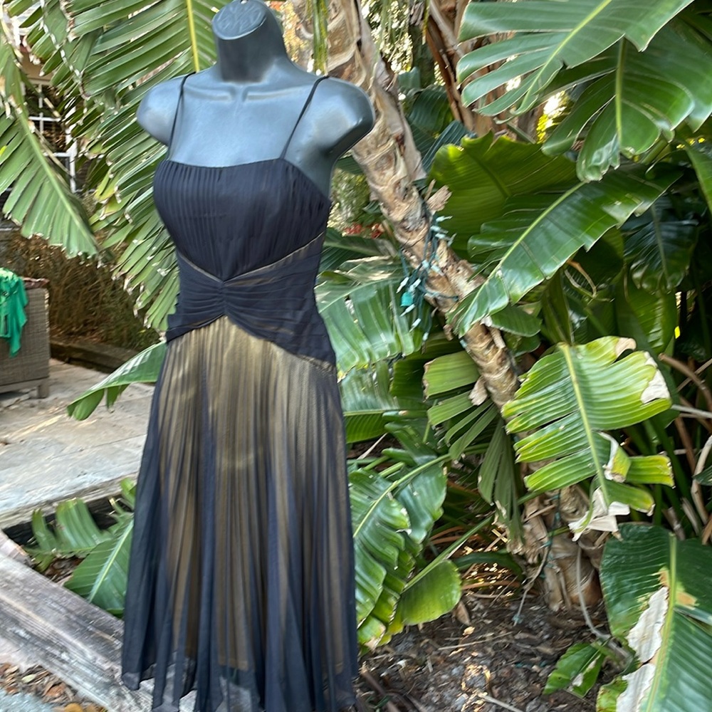 Sue Wong little black dress with gold metallic undertones